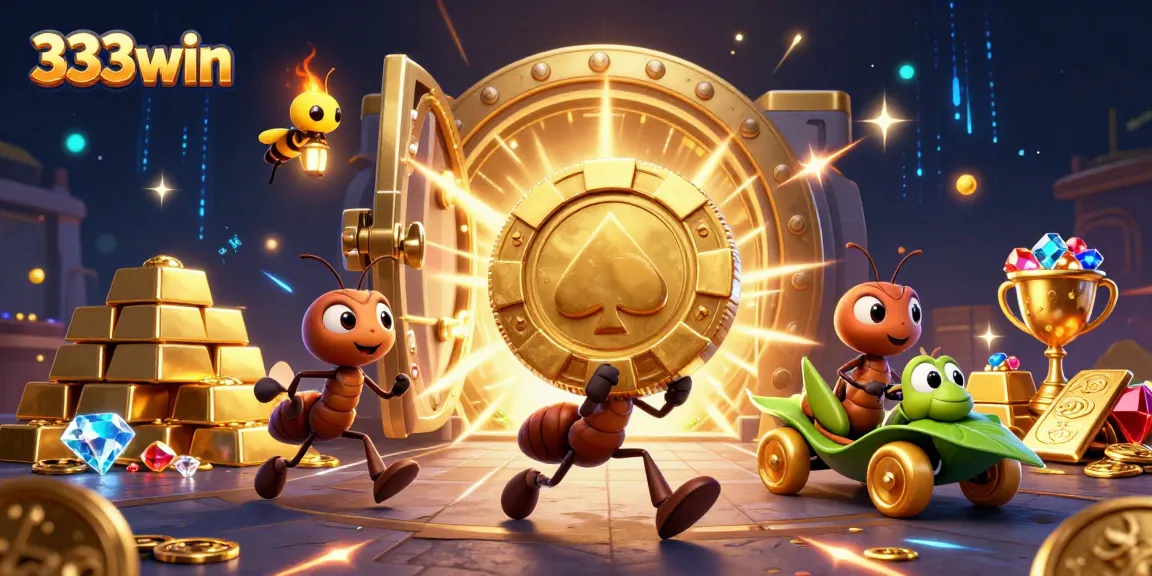 Experience the thrilling heist of 333win with animated ants and dazzling treasures in a vibrant 3D scene.
