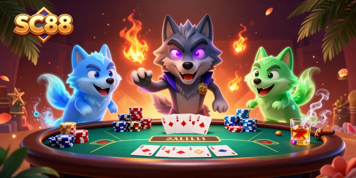 SC88 showcases vibrant poker scene with glowing wolves in action, enhancing thrill of gaming.