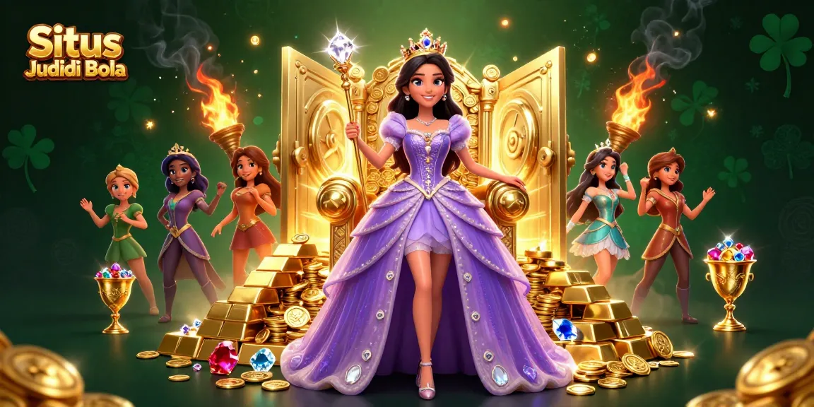 Situs Judi Bola showcases vibrant gambling scene with a royal theme, featuring a beautiful Asian woman and golden treasures.