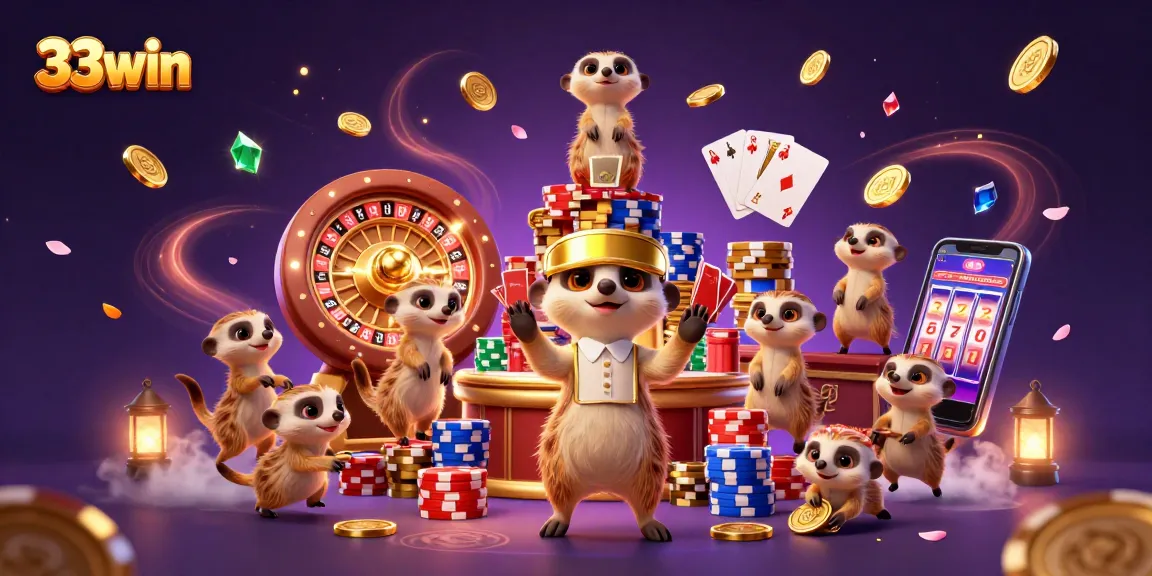 Experience thrilling gameplay at 33win with a vibrant scene of meerkats managing an exciting casino.
