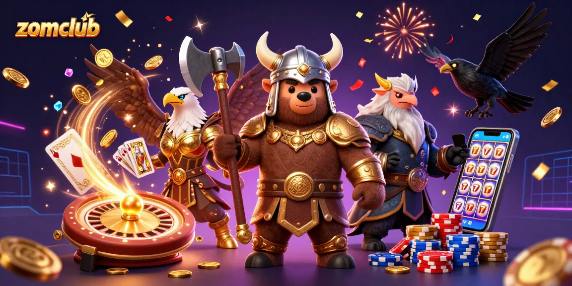 Zomclub celebrates with a vibrant casino-themed battle scene featuring a Viking bear, Valkyrie eagle, and Odin's ravens amidst symbolic game elements.