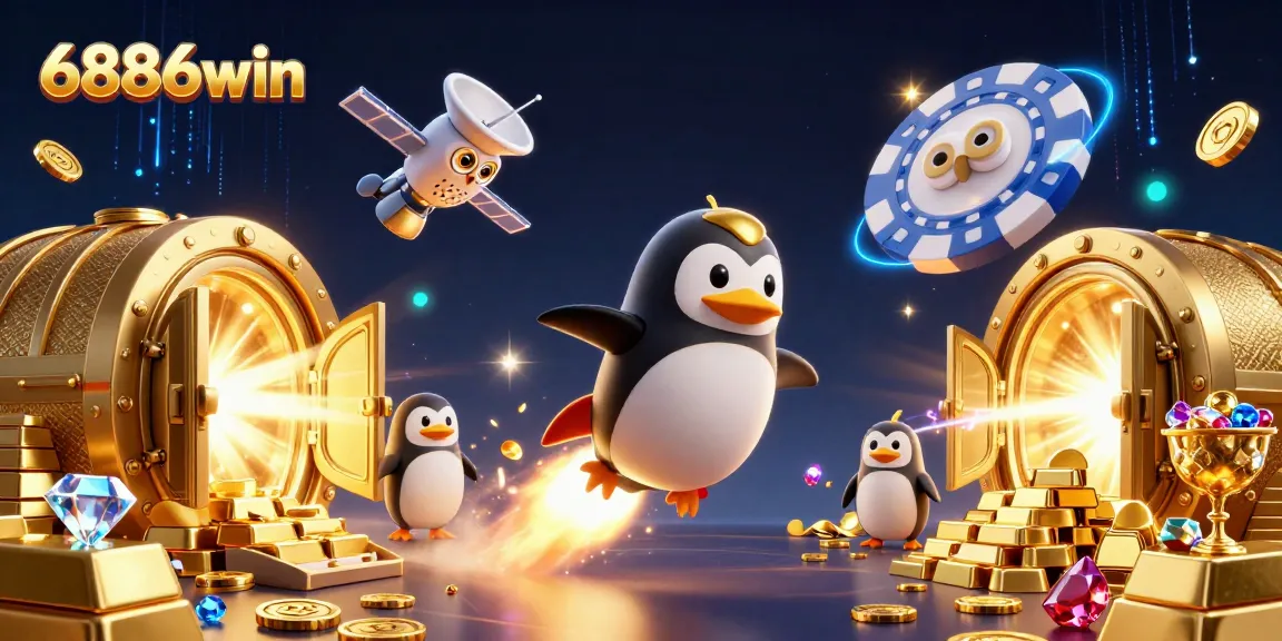 Experience the thrill of 6886win with a golden penguin soaring toward a thrilling casino adventure.