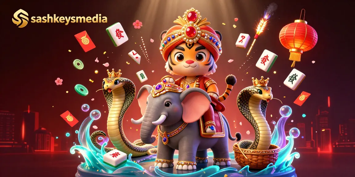 Sashkeysmedia showcases a dynamic casino scene with 3D maharaja tiger and jewel-encrusted elements.
