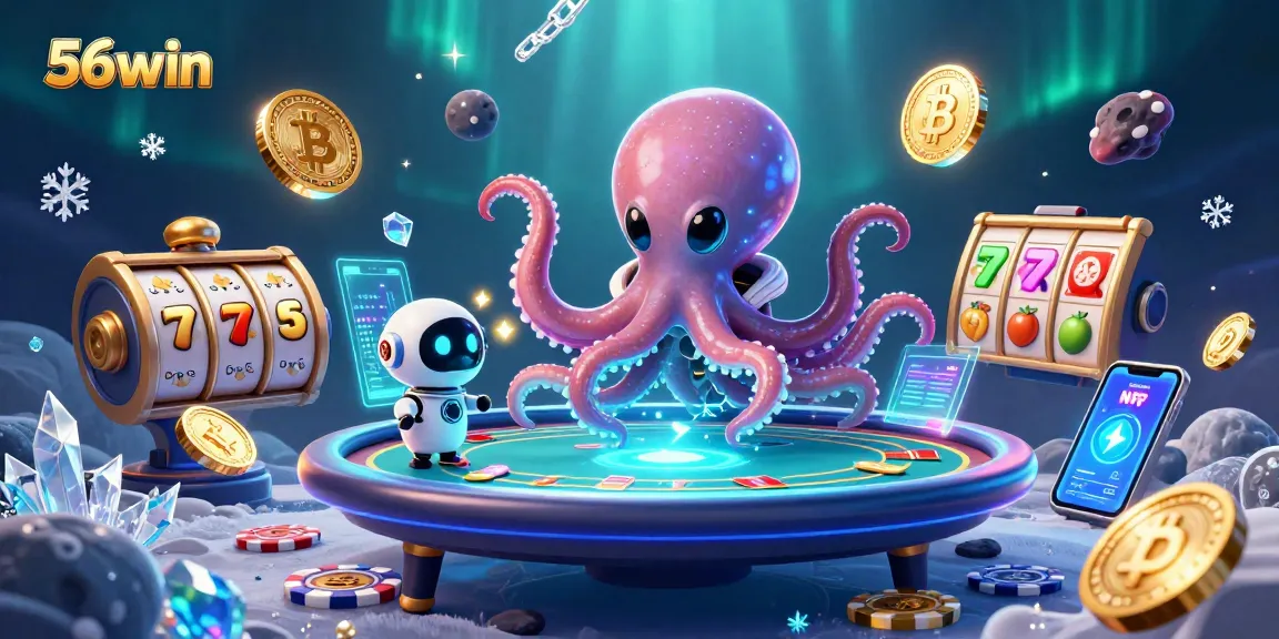 Bet on your luck at 56win's holographic poker table, surrounded by vibrant gaming elements.