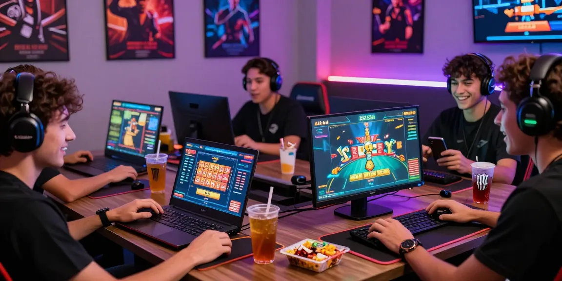 Engaged gamers exploring B52 gaming platform with vibrant gaming graphics.