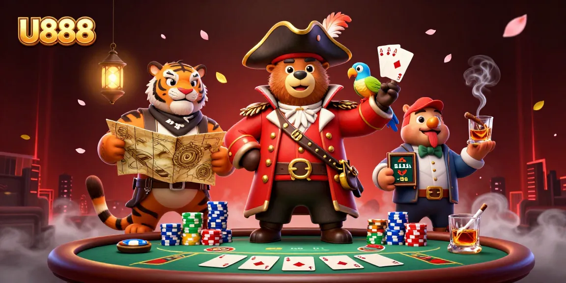 U888 players strategizing with a poker table stacked with chips and cards in an engaging 3D casino scene.