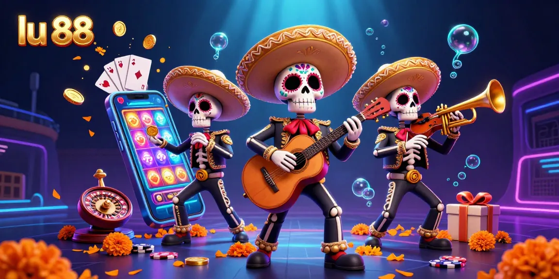 lu 88 vibrant scene with Dia de los Muertos band, slot gaming elements, and festive details.