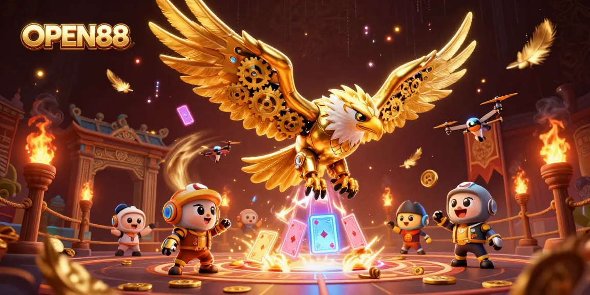 Experience the thrill of OPEN88 gaming with a spectacular 3D scene featuring a cybernetic eagle and holographic cards.