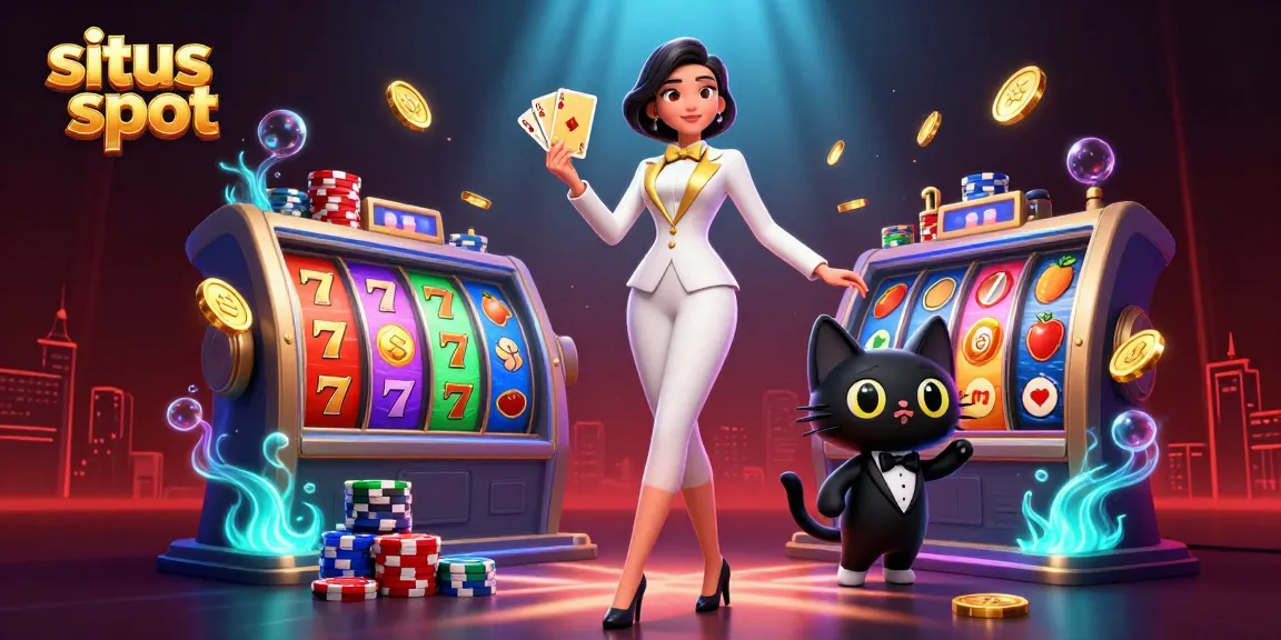 Terlibat dengan permainan situs slot yang menarik menampilkan dealer glamor dan simbol keberuntungan dalam suasana kasino yang hidup.