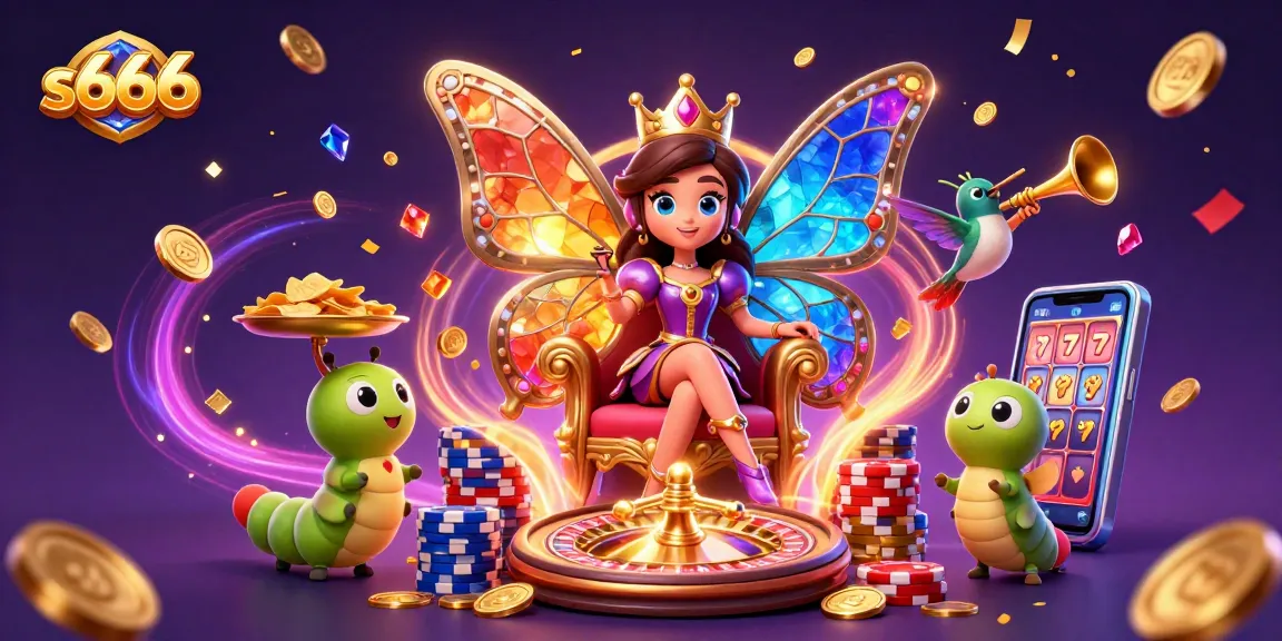 S666 online casino features vibrant games with a butterfly queen surrounded by sparkling elements and golden coins.