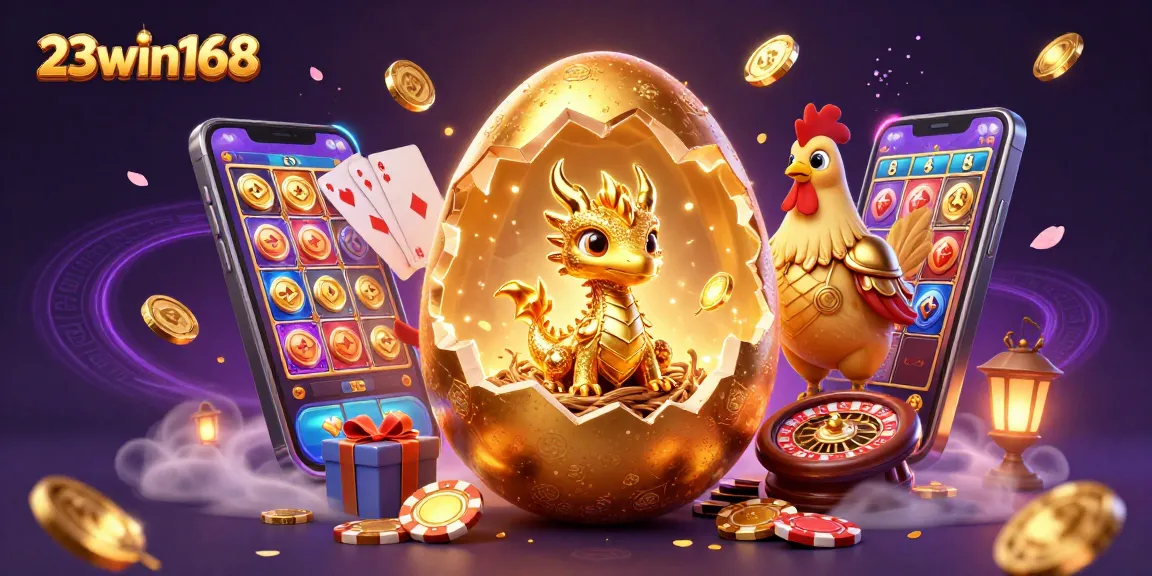 Experience the excitement of 23win168 with a dynamic scene featuring a golden dragon among casino elements.