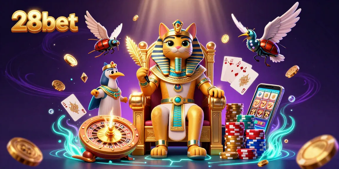 Experience thrilling moments at 28bet with a vibrant casino scene featuring a pharaoh cat, coins, and roulette.