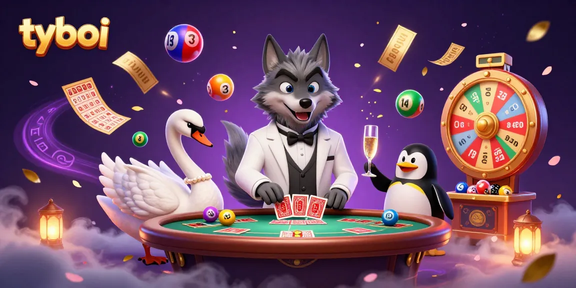 Experience the thrill of tyboi gaming with a debonair wolf, elegant swan, and sophisticated penguin immersed in a casino atmosphere.