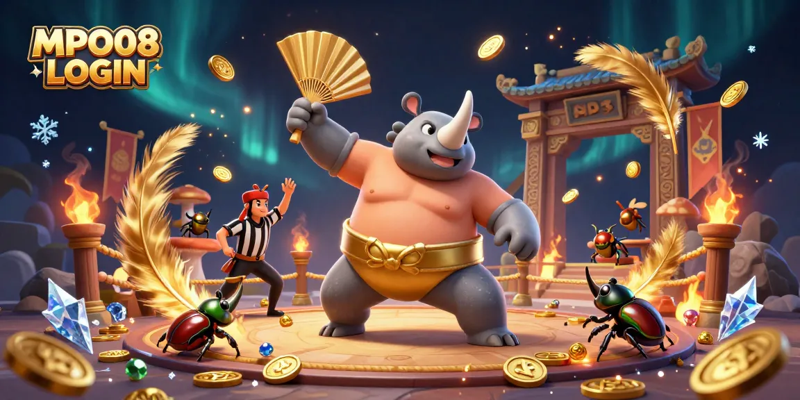 Experience the thrill of MPO08 LOGIN with a dynamic casino scene featuring a beetle champion.