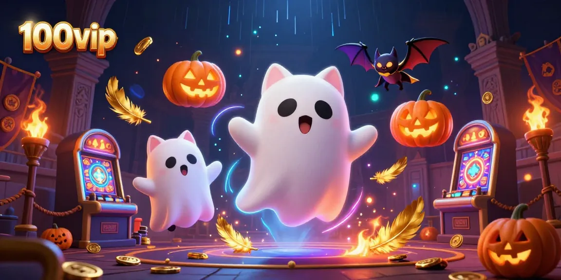 Experience thrilling gameplay at 100vip with a ghost cat and bat companion in a vibrant casino scene.