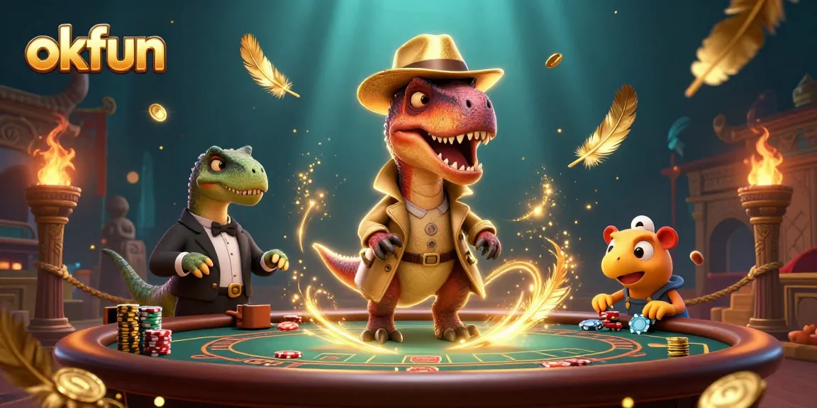okfun showcases a playful gambling scene with cartoon dinosaurs, enhancing the casino experience.