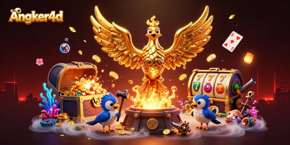 Gambarlah Angker4d dengan phoenix emas dan simbol slot dalam kasino digital yang menarik.