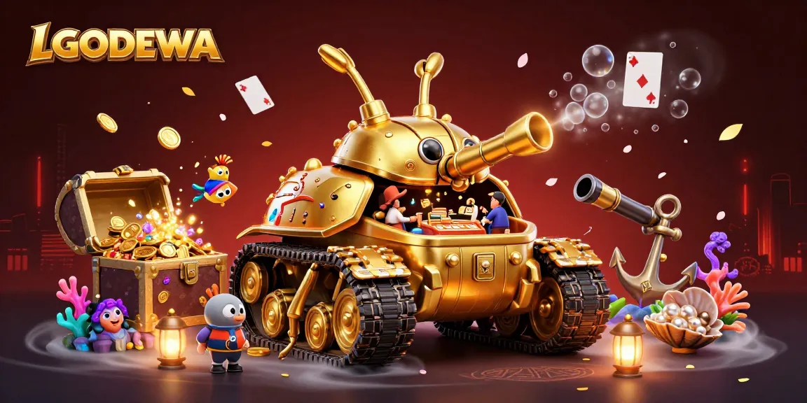 Engaging players at LGODEWA with immersive casino experience inside a golden tank illustration.
