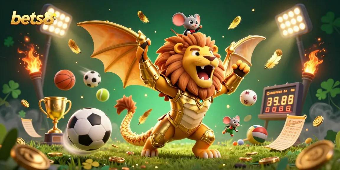 Experience bets88 with a 3D chimera and sports elements celebrating wins in a vibrant casino scene.