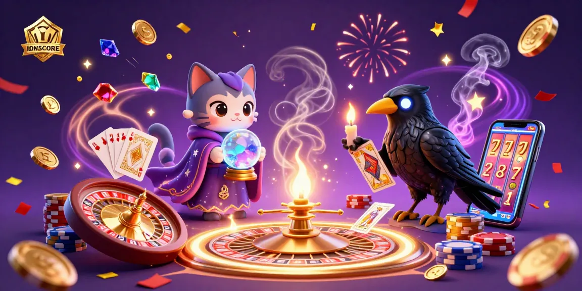 IDNSCORE offers immersive gameplay with vibrant characters amidst cascading coins and a spinning roulette wheel.