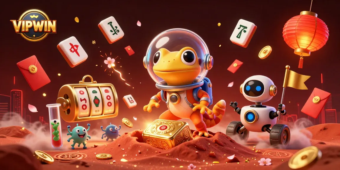 Celebrate big wins at VIPWIN in a dazzling casino scene with vibrant slot games and fun elements.