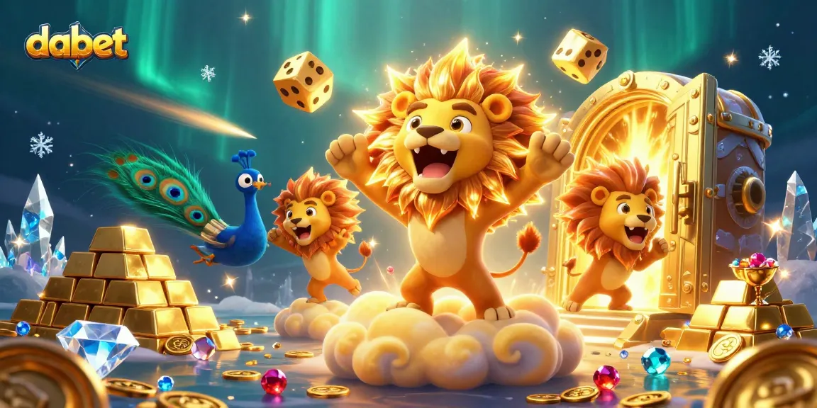 Dabet offers thrilling casino experiences with a roaring lion and sparkling treasures.