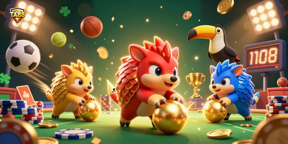 TA88 engages gamblers with exciting bowling pangolins amidst poker chips and sports elements.