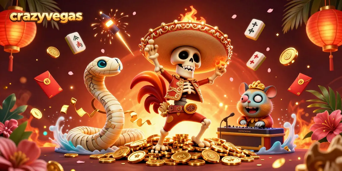 Crazyvegas features a vibrant scene with a dancing skeleton mariachi rooster surrounded by casino-themed elements.
