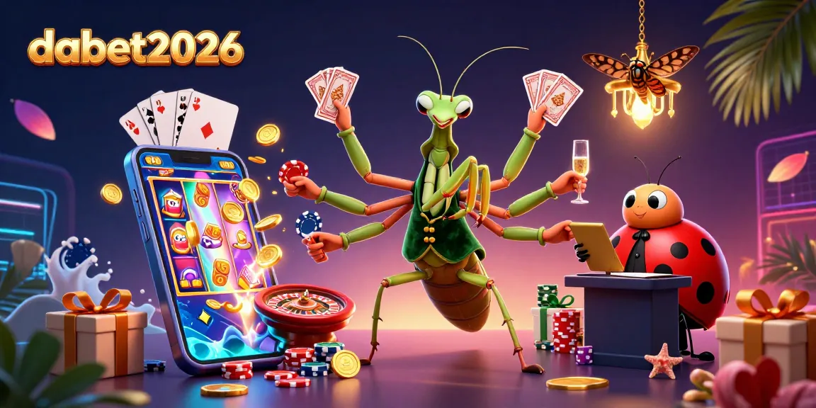 Engage with dabet2026 in a vibrant casino scene featuring card dealing mantis and ladybug pit boss.