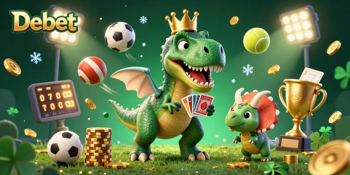 Engage in exciting betting action with Debet as a friendly T-Rex shuffles cards with a pterodactyl in a vibrant casino scene.