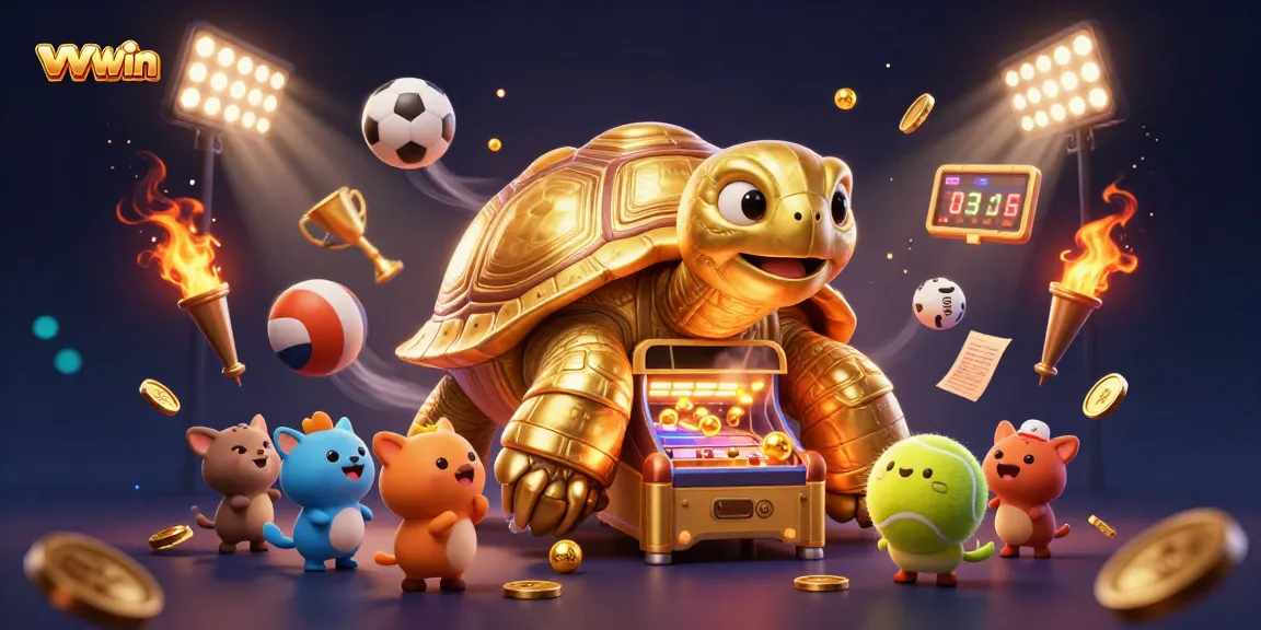 Engage with vvvwin's dynamic gaming scene featuring a colossal tortoise pinball machine and animated sports elements