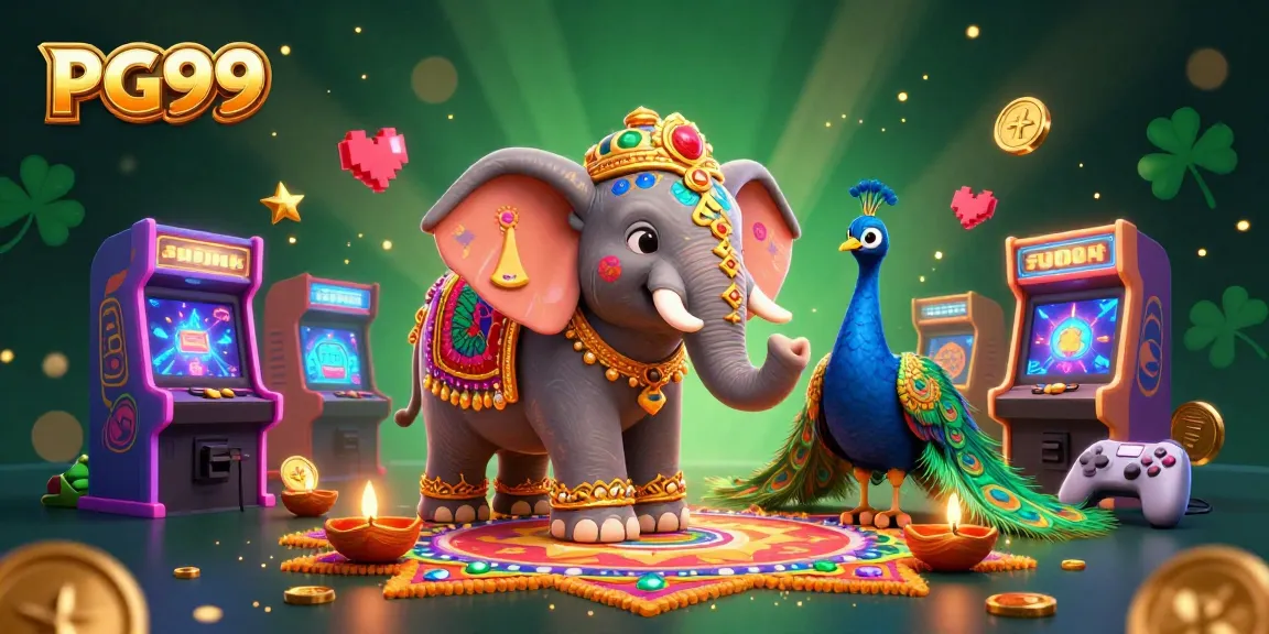 Experience the thrill of PG99 with a vibrant gaming scene featuring a beautifully adorned elephant and peacock amidst colorful casino elements.
