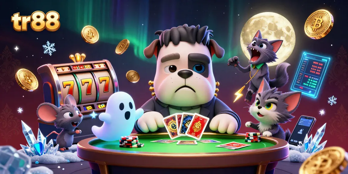 Win with tr 88 in a thrilling casino scene featuring a Frankenstein bulldog and spooky elements.
