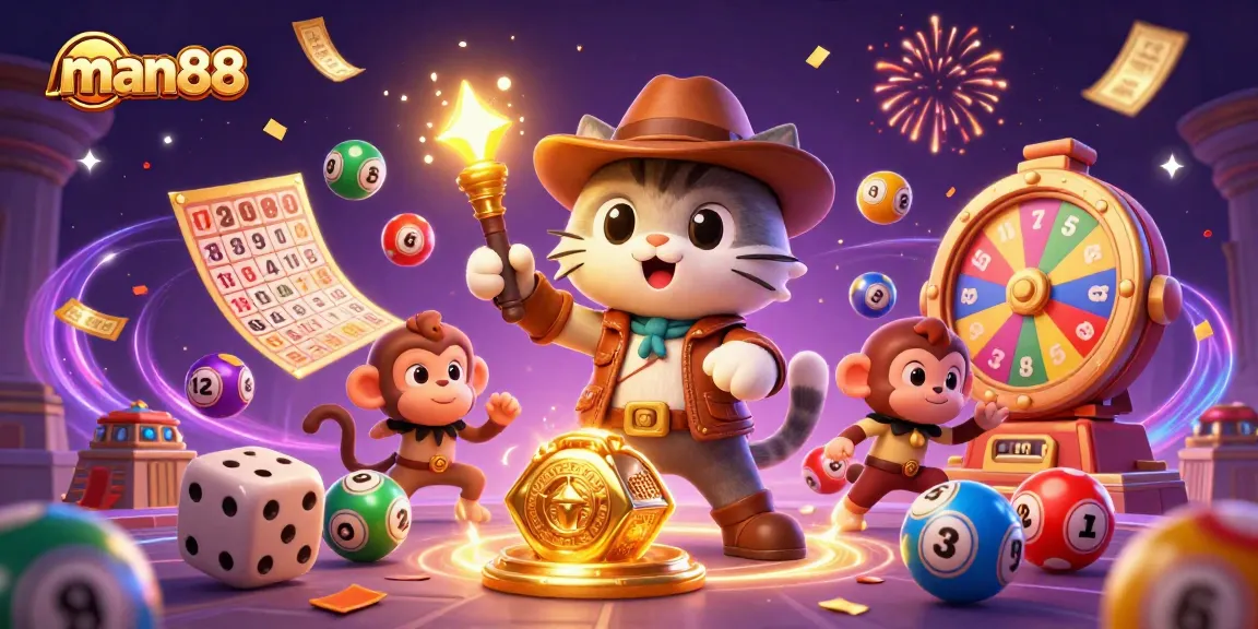 Experience excitement at man88 with a cat archaeologist discovering a golden casino artifact among lottery games.