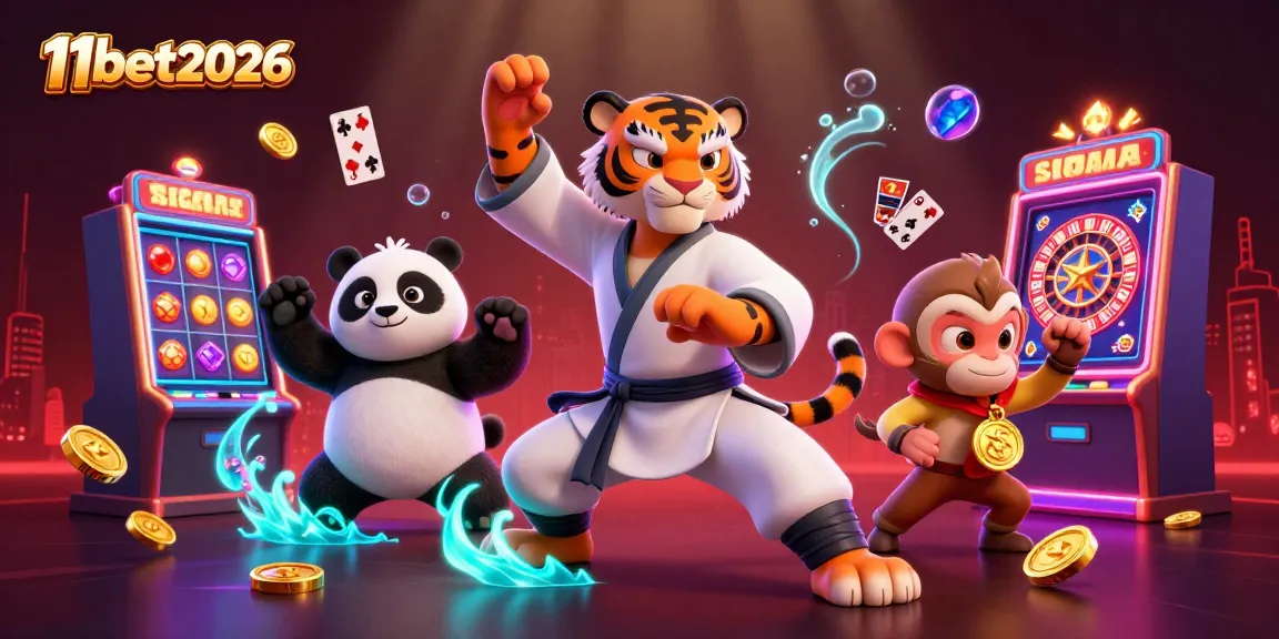 Experience thrilling casino action with 11bet2026's vibrant cartoon scene featuring slot machines and clever characters.