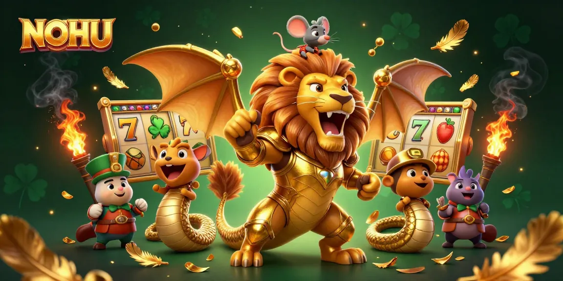 Experience thrilling gaming action at NOHU with a golden chimera and vibrant slot elements in an immersive 3D illustration.