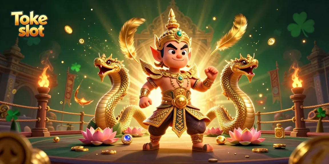 Toke slot offers an engaging illustration of a temple guardian and Naga serpents surrounded by interactive gaming elements.