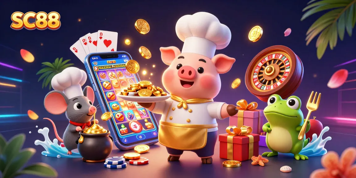 SC88 spins winning slots as a chef pig serves gold coins in a vibrant casino scene