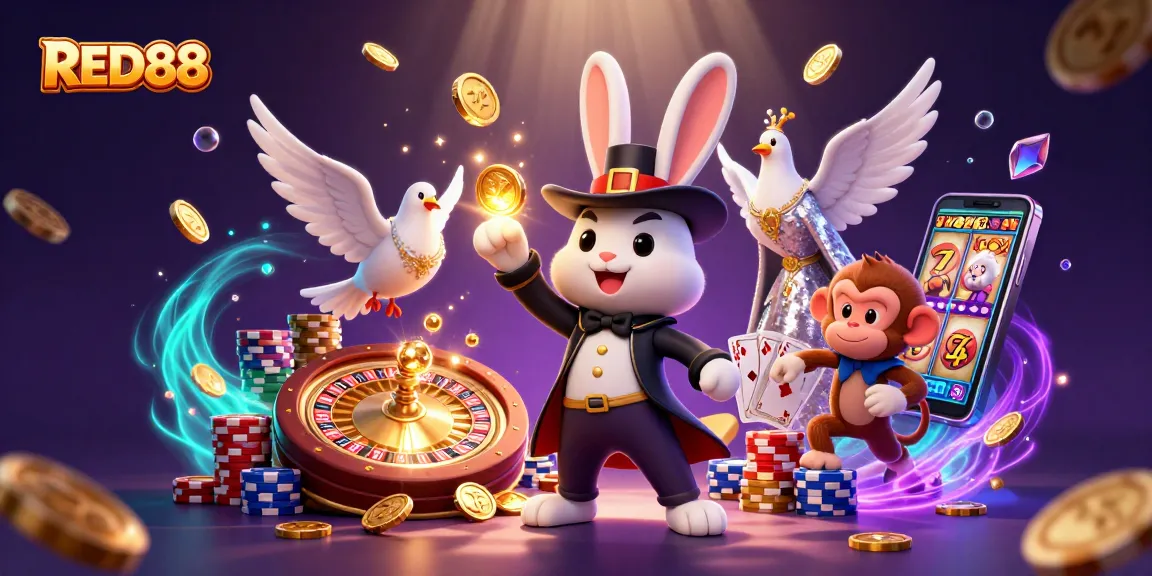 Engage with RED88 casino magic featuring a rabbit, a dove, and a monkey amidst golden coins and poker chips.