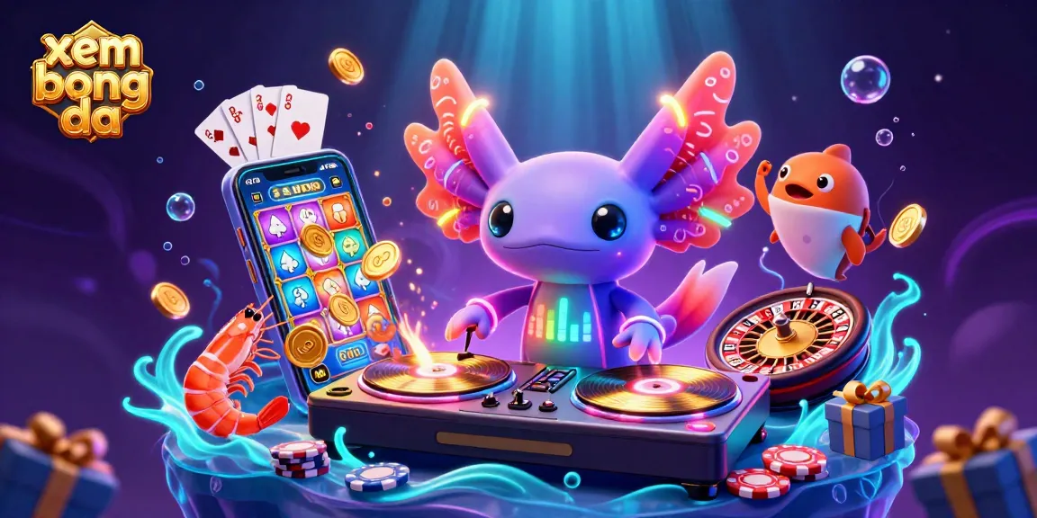 Engage with xem bong da in an electrifying underwater scene featuring a neon axolotl DJ and vibrant marine dancers.
