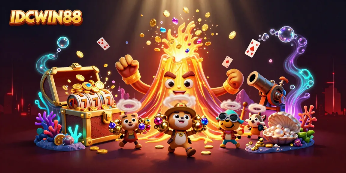 Engage in thrilling play at IDCWIN88 with golden treasure erupting from a volcano and floating slots.