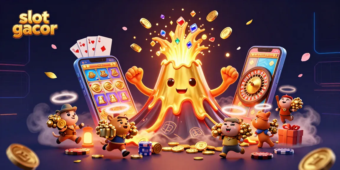 Experience thrilling slot gacor action with a magical erupting volcano and smiling animals collecting treasures.