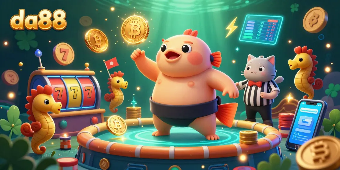 Engage in thrilling underwater casino action with da88 featuring a vibrant fugu and an energetic referee.