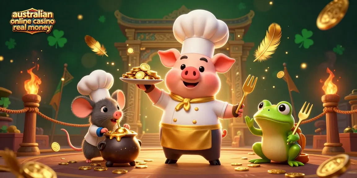 Chef pig serving gold coins at an australian online casino real money setting, with lively characters.