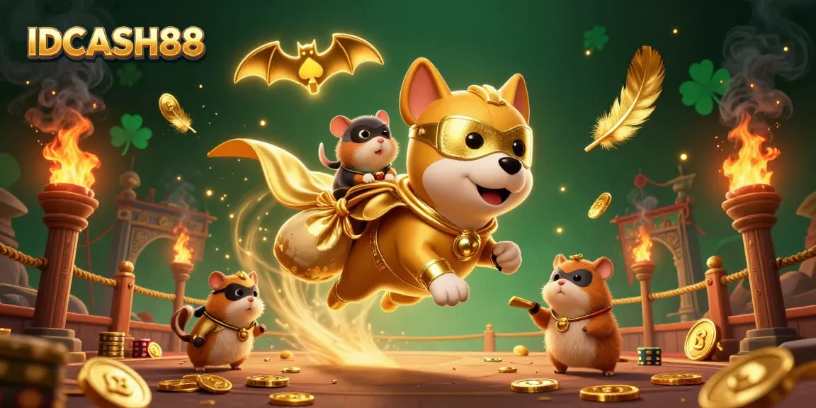 Experience the excitement of IDCASH88 with a dynamic 3D illustration featuring a flying superhero dog surrounded by golden gambling elements.