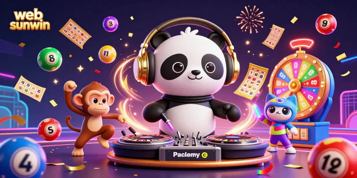 Engaging scene of web sunwin featuring a DJ panda, dancing monkey, and kitten amidst vibrant casino elements.