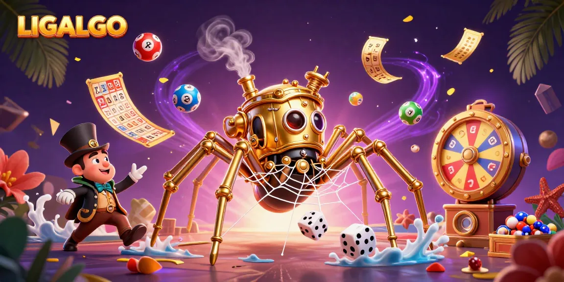 LIGALGO captivates players with a vibrant scene of a steampunk spider and games of chance.