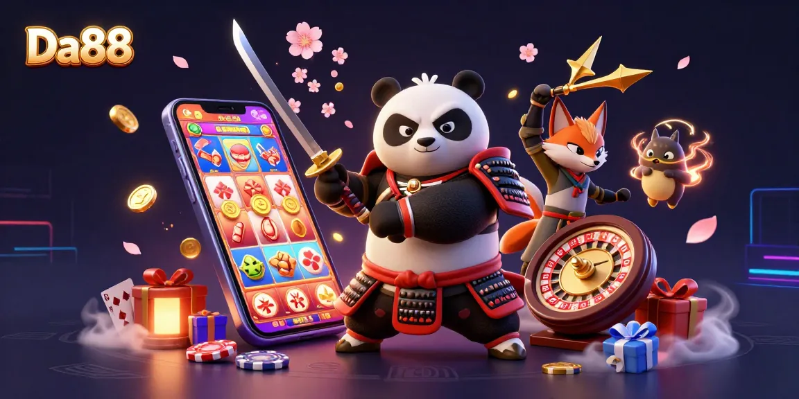 Experience the excitement of Da88 with a dynamic scene featuring samurai panda, ninja fox, and magical elements.