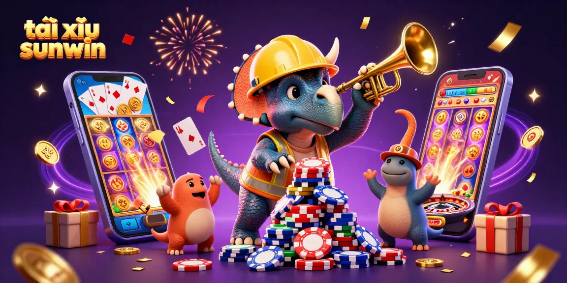 Tài xỉu sunwin thrills with a vibrant 3D casino celebration scene filled with colorful game elements.