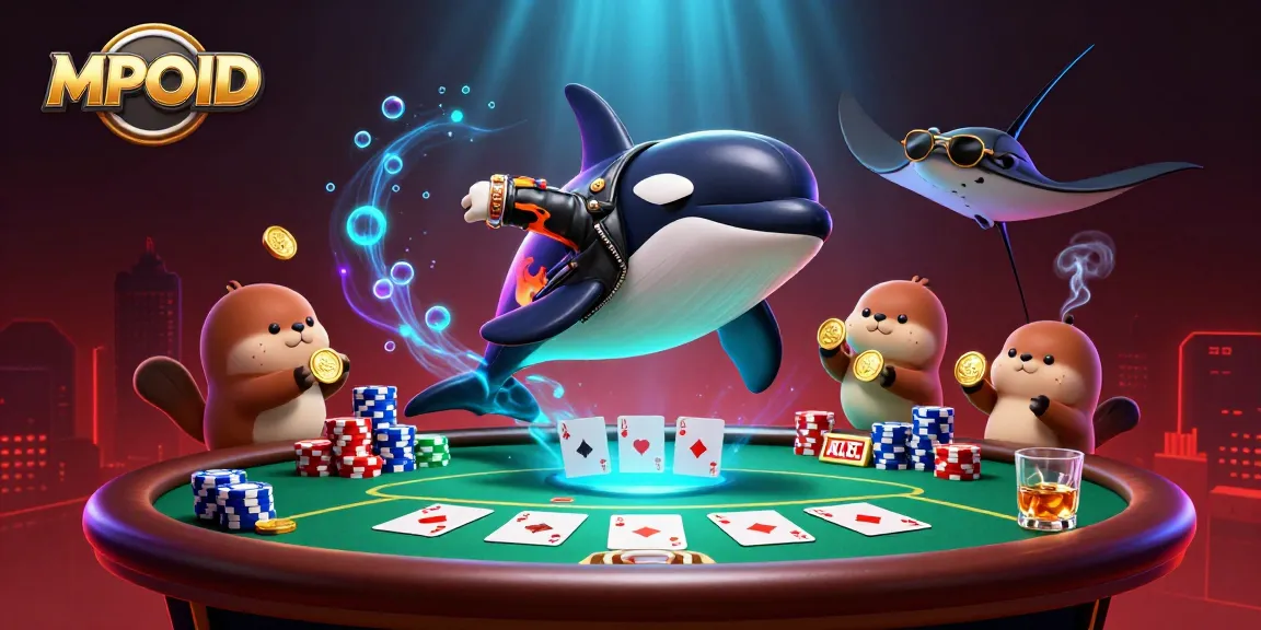 MPOID offers dynamic gameplay with a lively scene featuring an orca, stingray, and otters amidst poker elements.